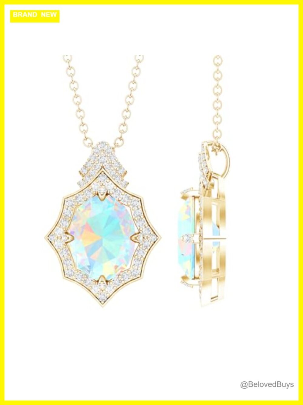 Ethiopian Opal Lab Grown Diamond Pendant Necklace Yellow Gold Plated Silver